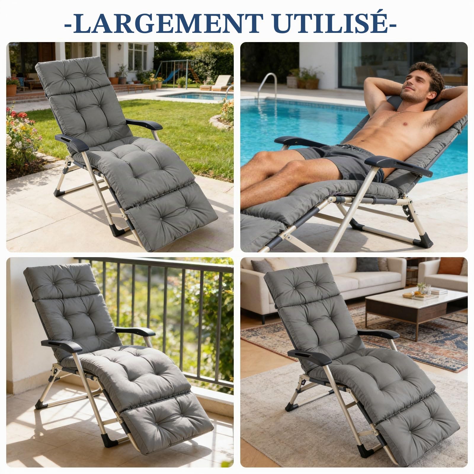 Coussin de Chaise Longue, 190x55x10cm Gris