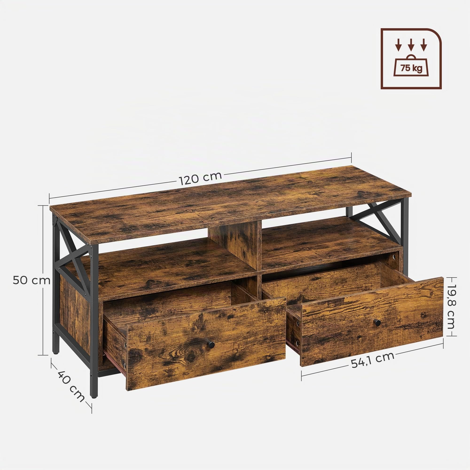 VASAGLE Meuble TV pour Télévision jusqu'à 55 Pouces, Support Télé, 2 Tiroirs en Tissu, 2 Étagères, 120 x 40 x 50 cm, Salon, Chambre, Cadre en Acier, Marron Rustique et Noir LTV300B01