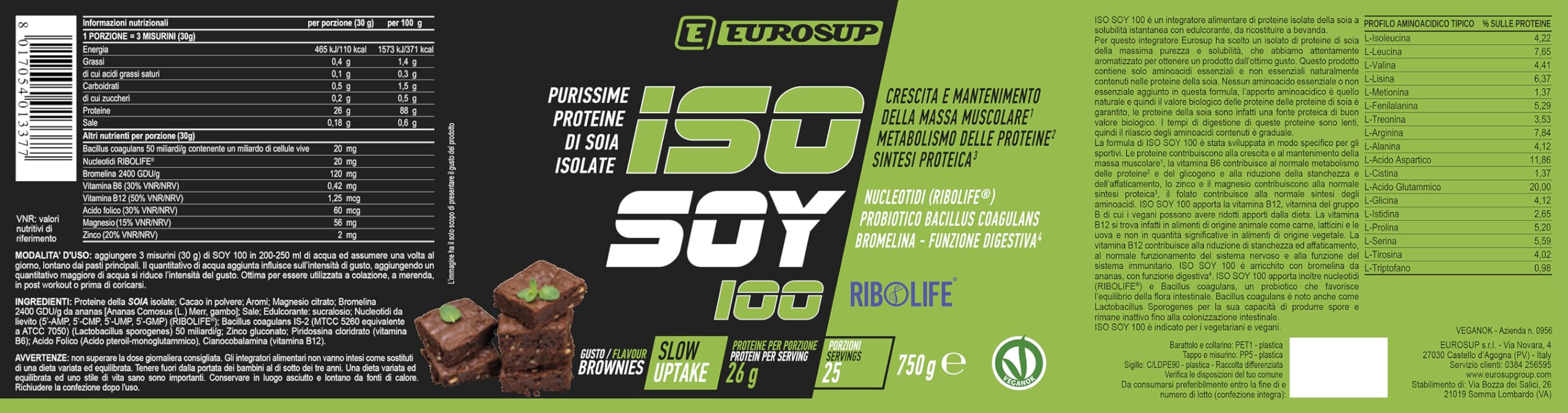 ISO SOY 100-750g - Brownies - Purissime proteine di soia isolate con Nucleotidi (RIBOLIFE®) e Probiotico Bacillus Coagulans