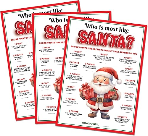 15 tarjetas de juego de "Who is Most Like Santa Clause" - Divertidas y fáciles para la familia, Navidad, vacaciones, oficina, amigos, iglesia,