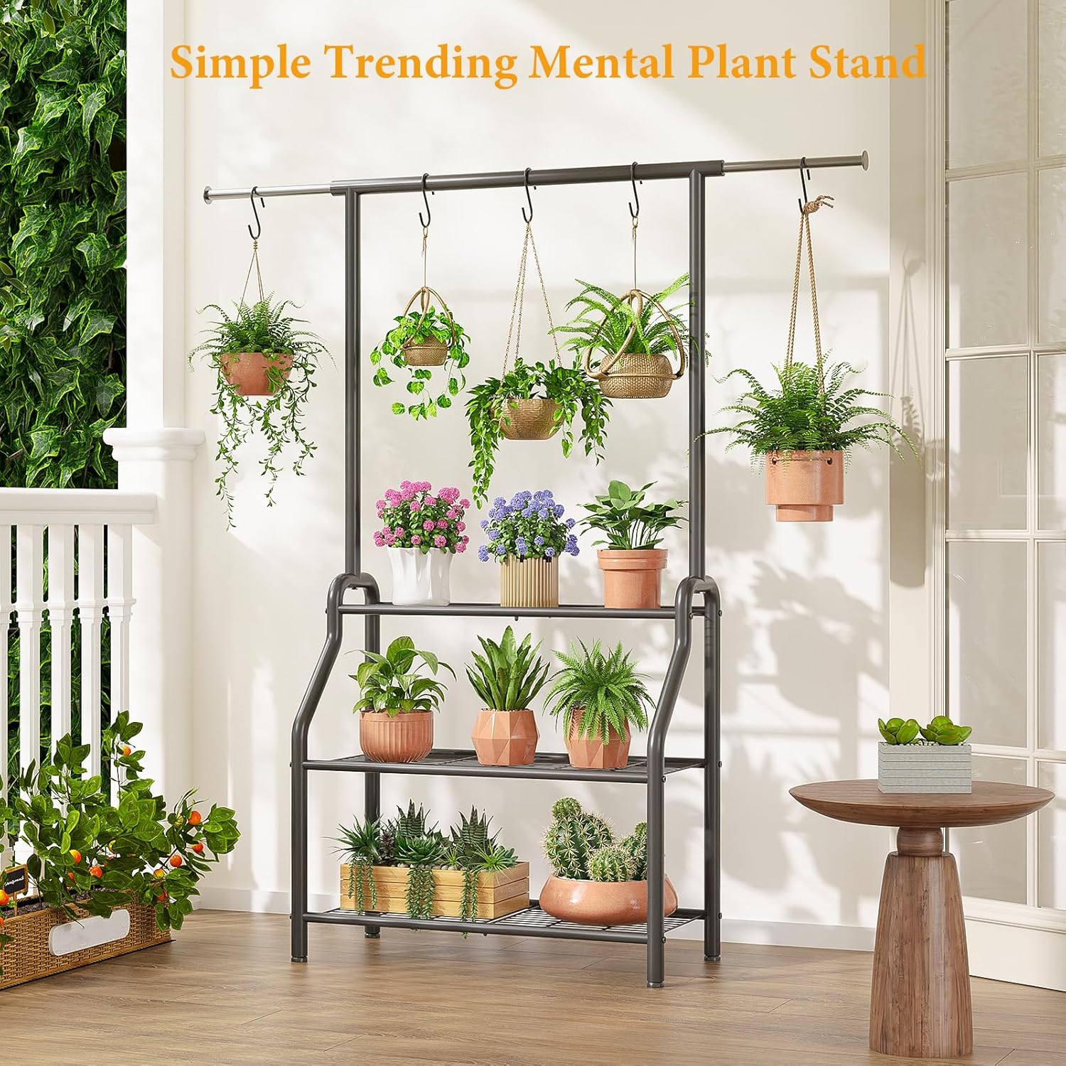Plant Stand Indoor Outdoor, 3-Tier Heavy Duty Metal Hanging Plant Shelf, 61'' Tall Large Plant Holder Rack for Multiple Big Pots, Flower Stand for Living Room, Garden, Balcony, Black