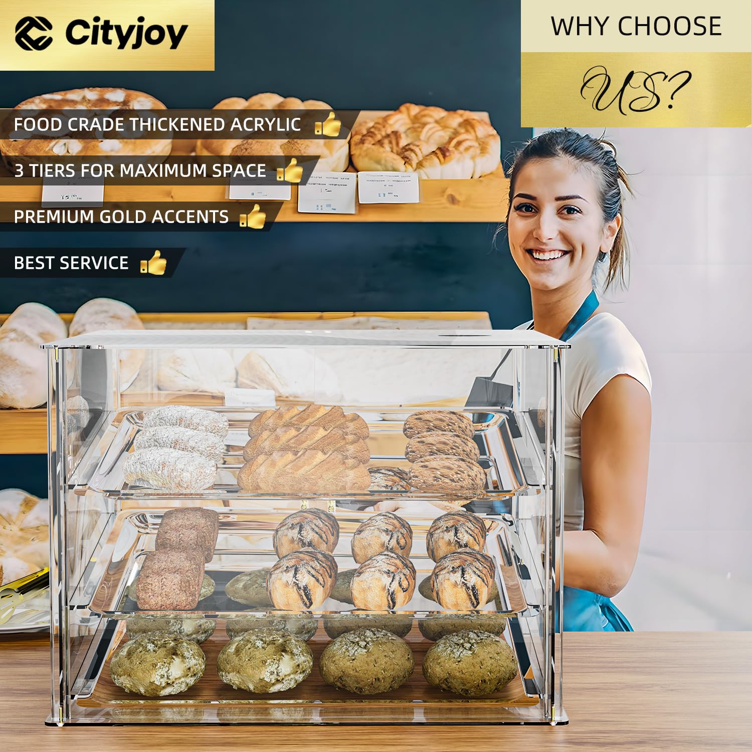 Cityjoy Espositore per pasticceria con 3 vassoi con porte posteriori magnetiche, 52,8 x 40,1 x 42,9 cm, in acrilico, con vassoi rimovibili e pinze in acciaio, espositore per alimenti per ciambelle