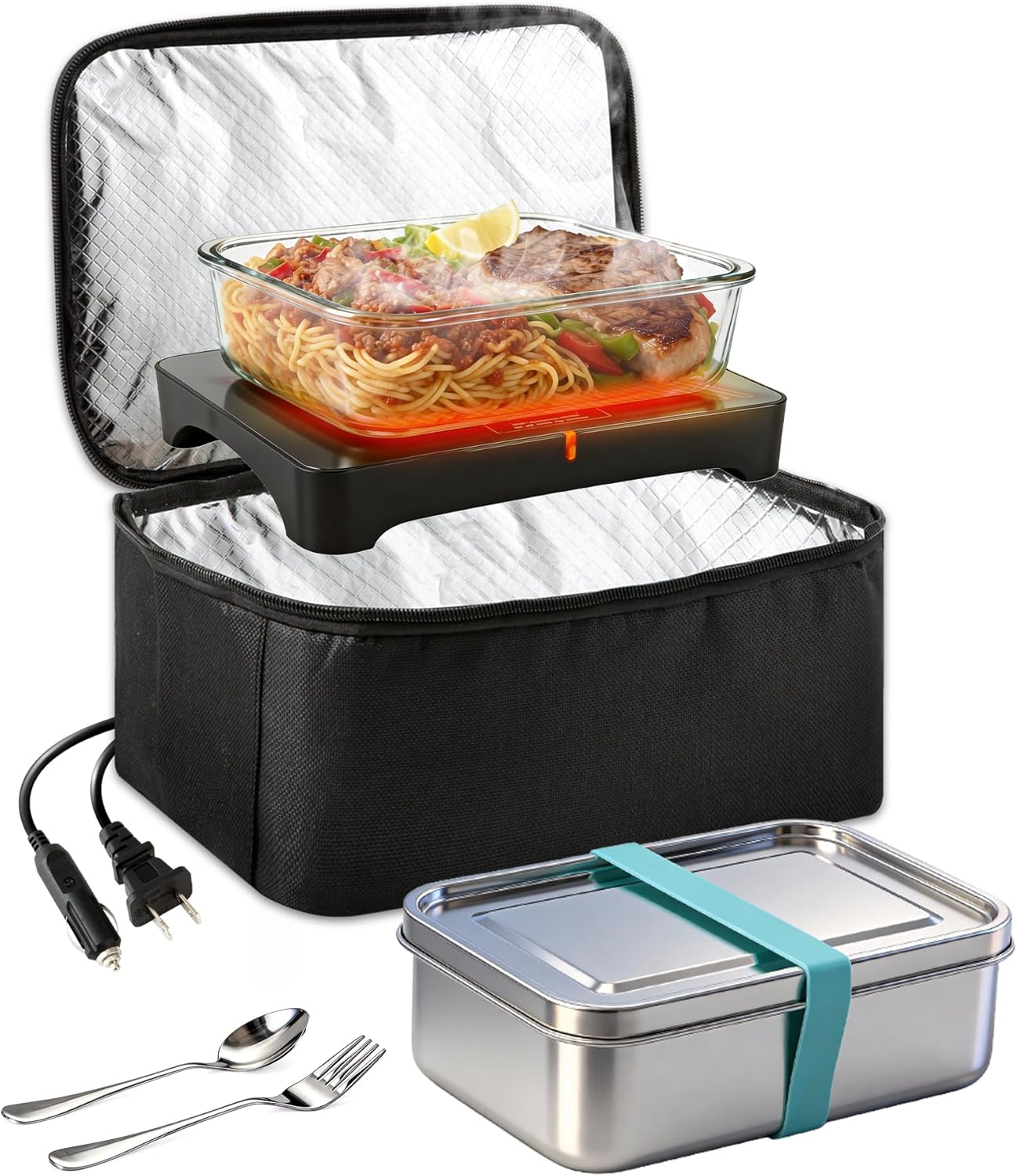 Portable Oven,3 in1 Portable Food Warmer,12/24/110V Heated Lunch Box with 1.5L SS Container Mini Microwave Food Warmer for Reheat or Cooking Food in Car Truck Work Office