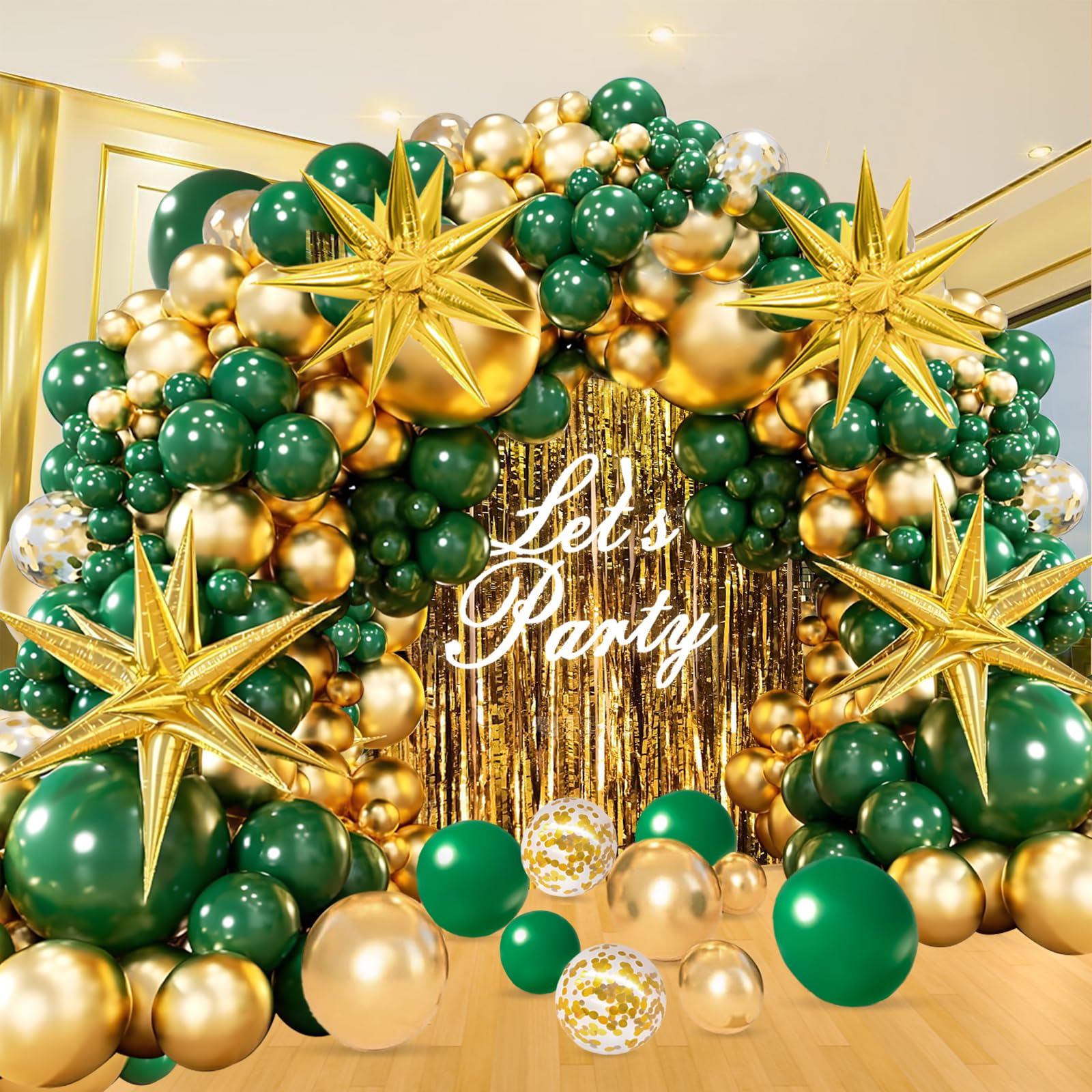 164Pcs Green and Gold Balloons Garland Arch Kit,Black and Gold Balloons with Gold Star Balloons, Black Gold Confetti Latex Balloons, for Graduation