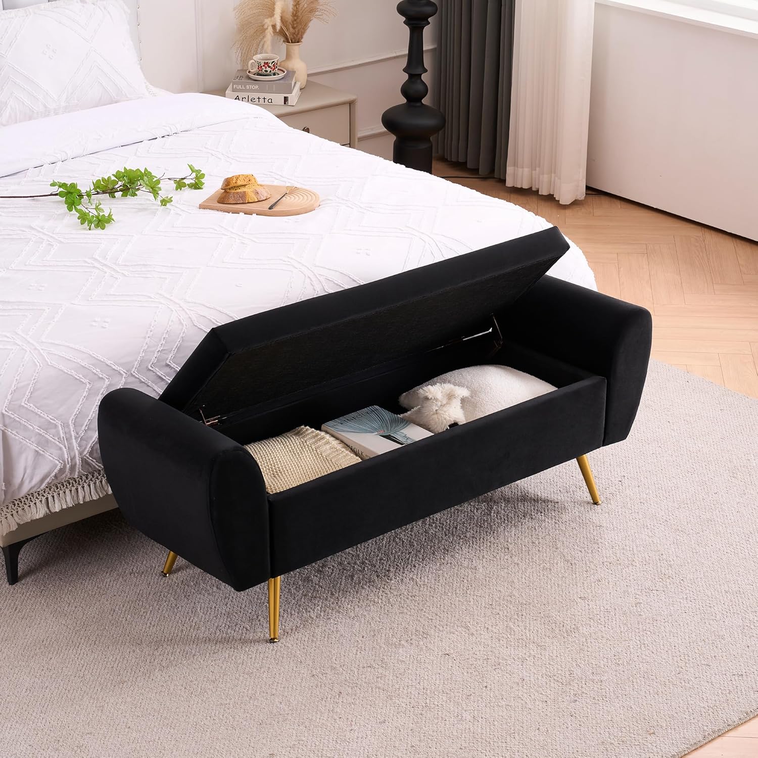 Velvet Storage Bench for Bedroom, 57" Long Bench for King Size Bed, Modern Upholstered End of Bed Ottoman Bench with Arms and Gold Legs for Entryway Living Room (Black) Velvet-black