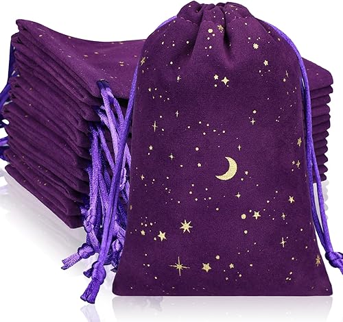 Hillban 30 bolsas de terciopelo morado de 4 x 6 pulgadas para joyas, bolsa de estrella lunar con cordones, bolsas de joyería para embalaje de