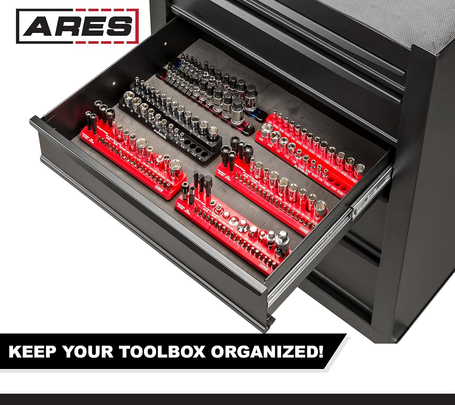 ARES 70751-34-Piece Tool Accessory Set - Includes Socket Adapters, Universal Joints, Bit Holders, and Bits - Magnetic Organizer for Ideal Accessory Storage