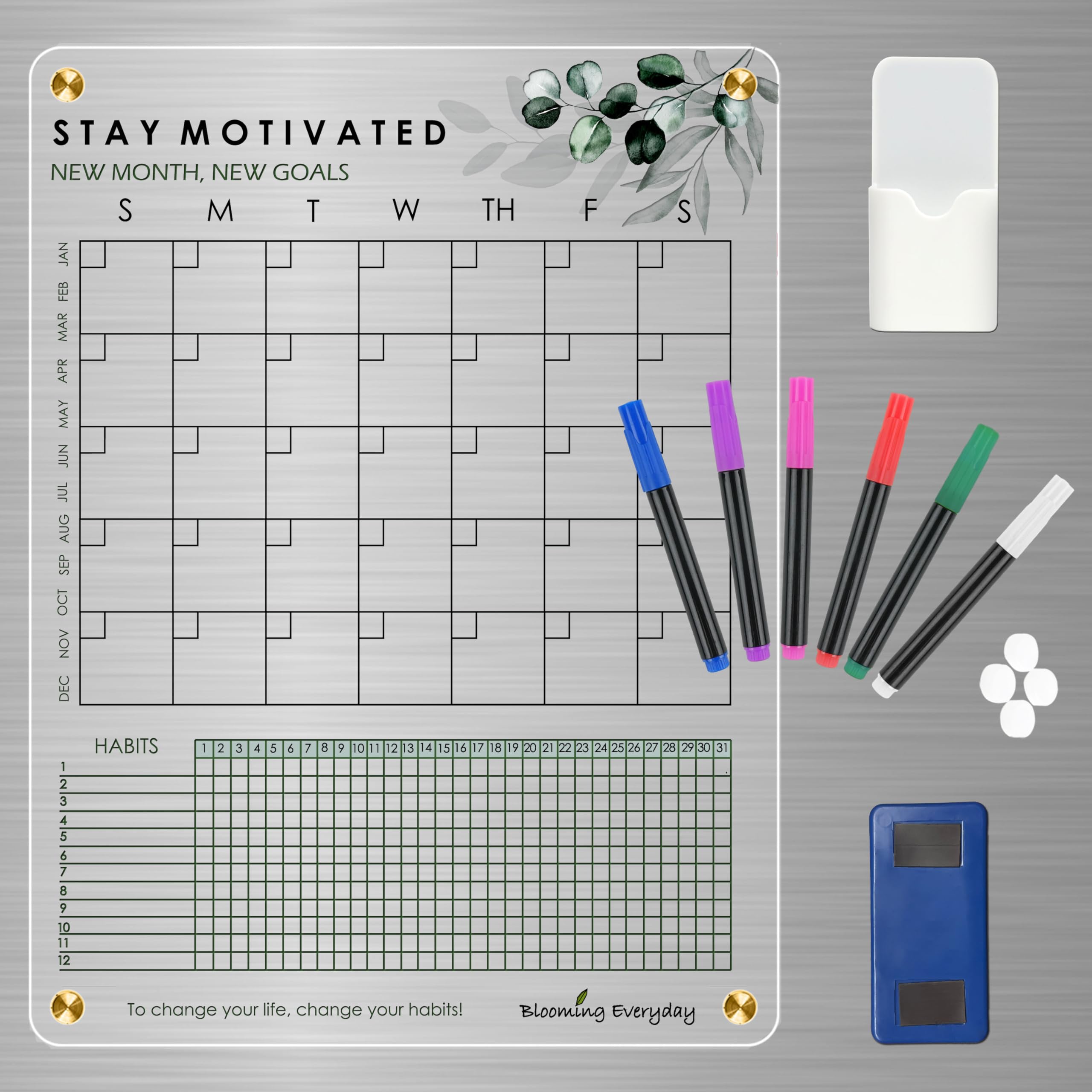 Habit Tracker by Blooming Everyday - Habit Tracker Calendar is a Great Productivity Tool Used as a Monthly Habit Tracker and Daily Habit Tracker. 12x16 Habit Tracker Dry Erase, 6 Colorful Markers