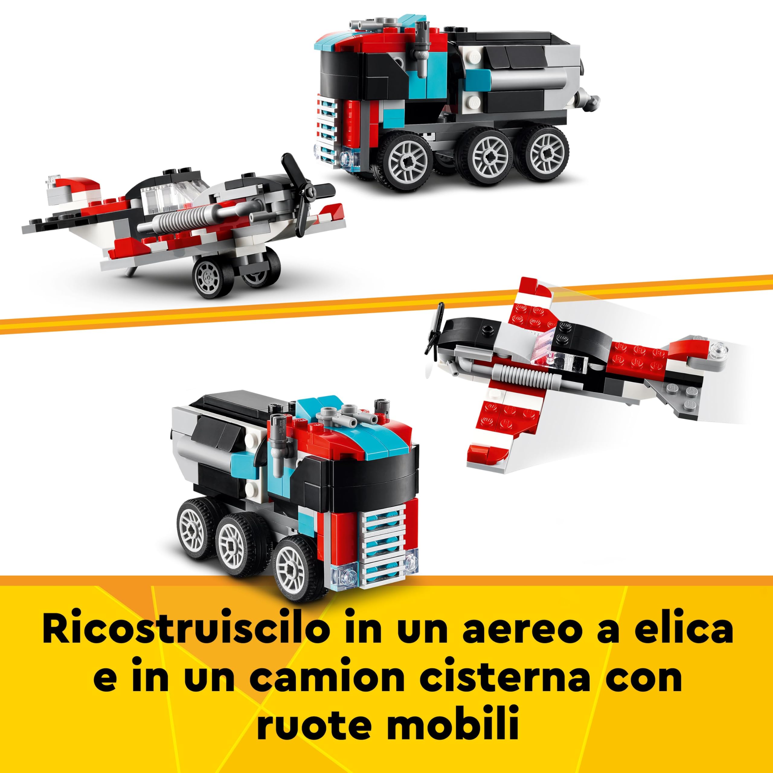 LEGO Creator 3 in 1 Autocarro con Elicottero, Giochi per Bambini e Bambine da 7 Anni, Camion Giocattolo Ricostruibile in Aereo e Cisterna o in Auto da Corsa e SUV, Idea Regalo di Compleanno 31146