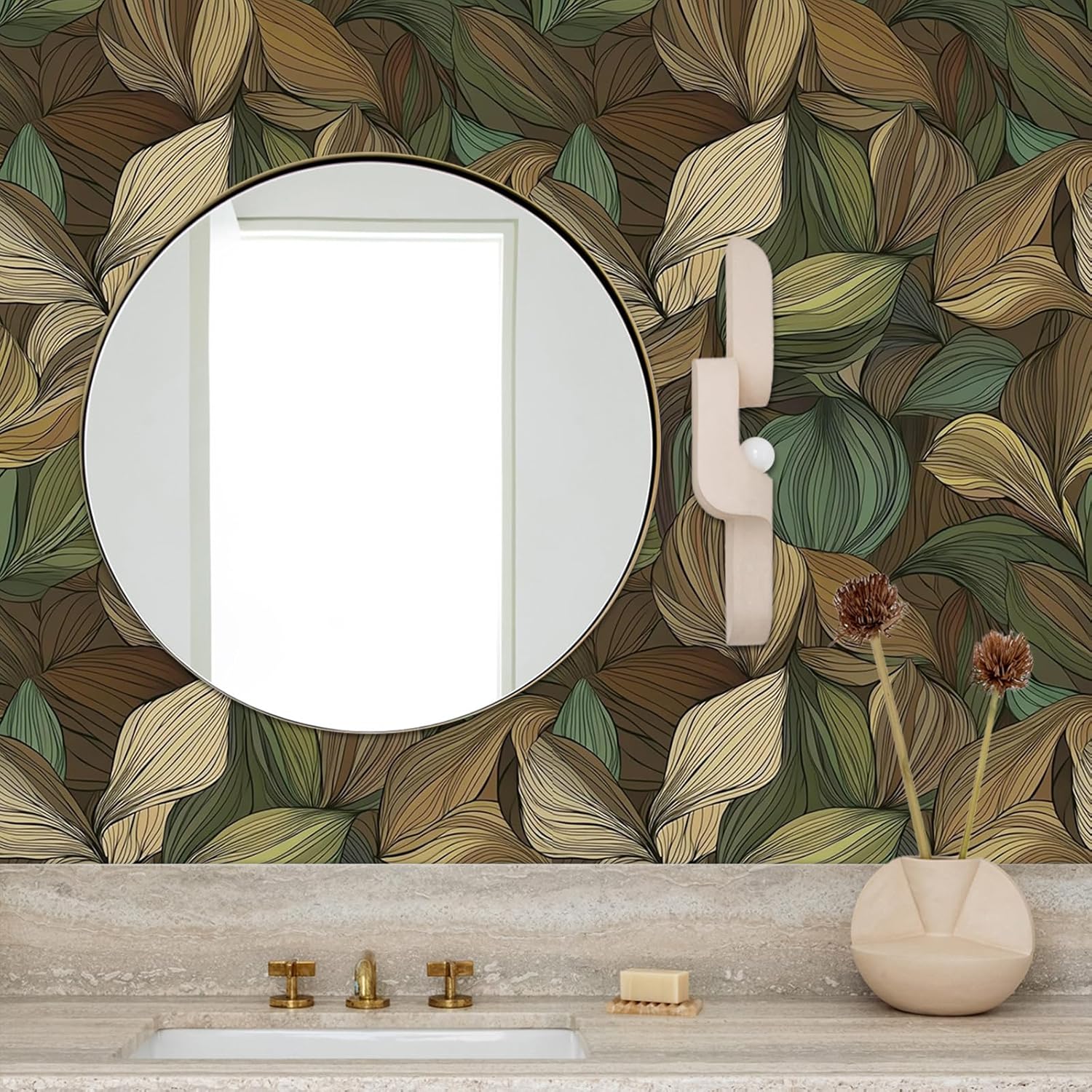 Botanical Leaf Wallpaper Peel and Stick Self Adhesive Boho Tropical Beige Green Vintage Vivid Thick Leaves Contact Paper Removable Waterproof for Bedroom Renter Friendly 17.71"x118.1"