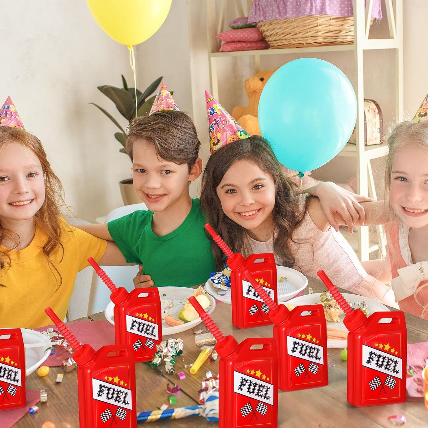 ALINK Lot de 12 tasses de voiture de course, réutilisables, avec paille, motif voiture de course, accessoires de fête d'anniversaire, décorations de fête pour garçons et enfants, 310 ml