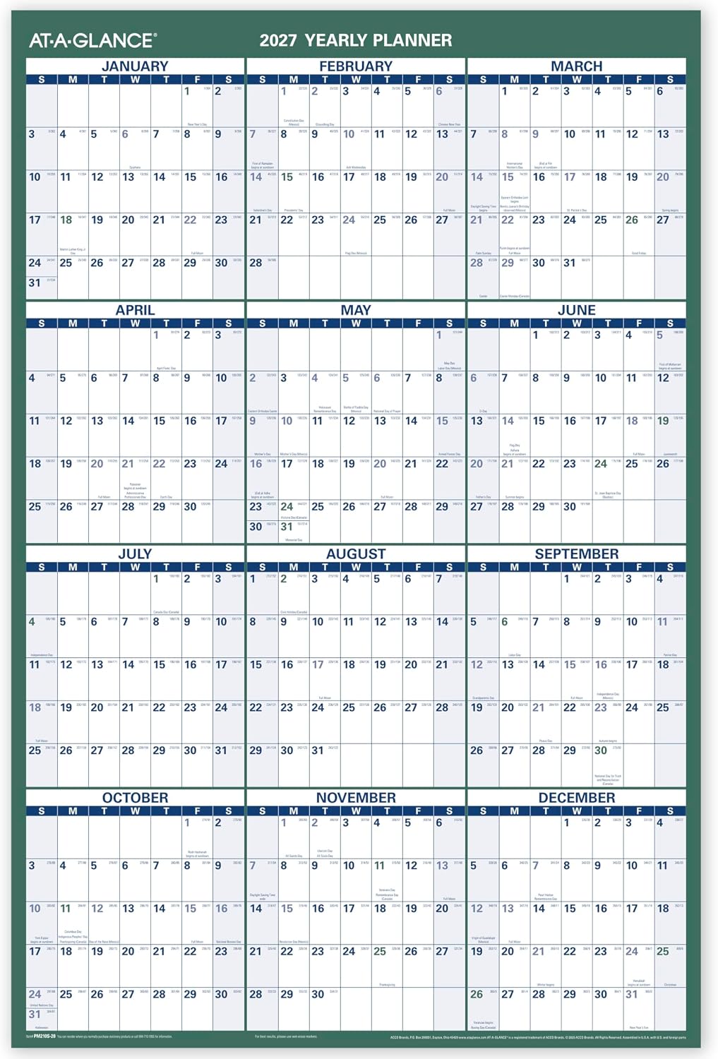 AT-A-GLANCE Dry Erase Calendar 2026-2027 Academic & Regular Year Wall Planner, 12-Month, 24" x 36", Double Sided, Vertical (PM210S28)