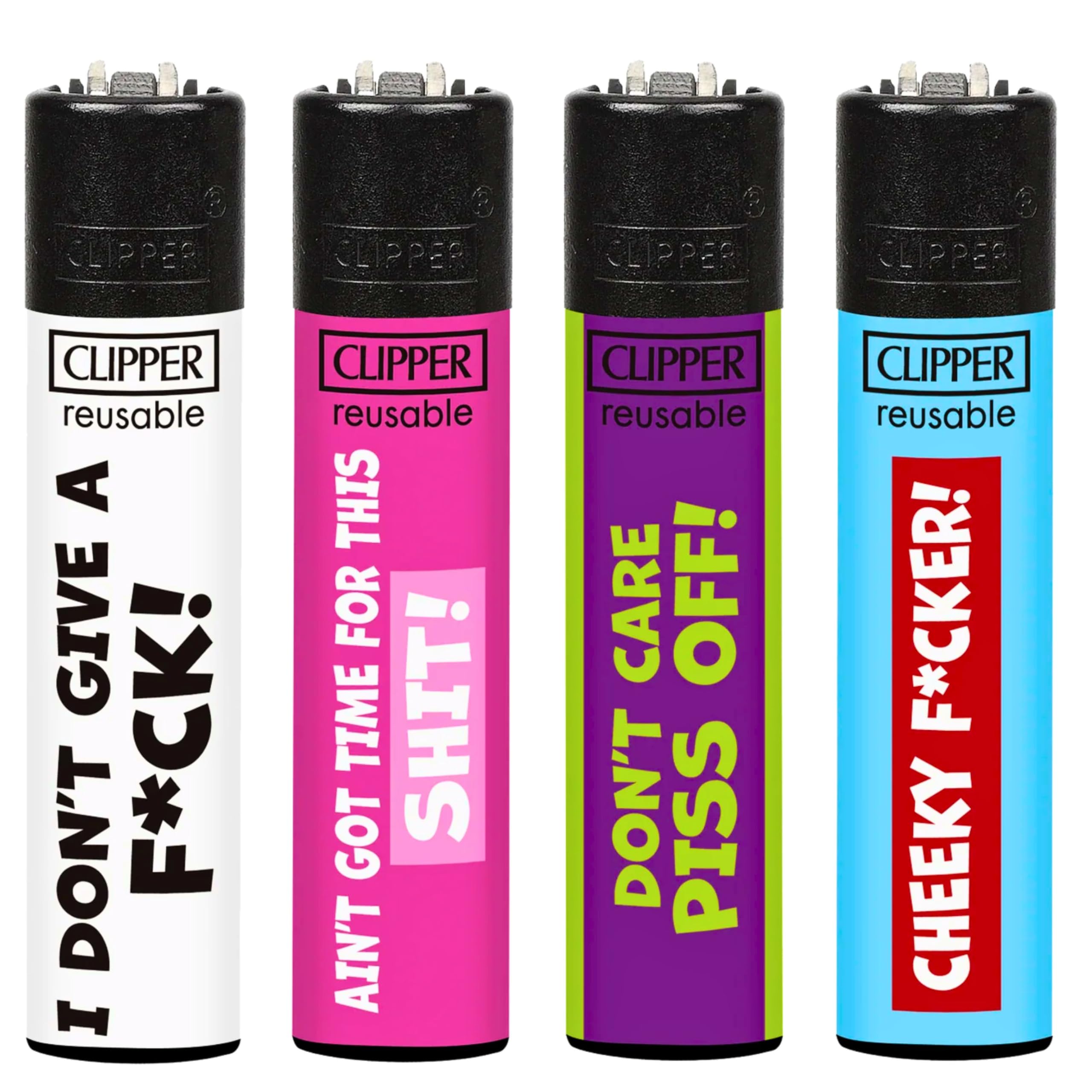 Zactly Black 4 X Clipper Lighter Set Naughty Words 7 Funny Sayings Design Set Refillable Gas Lighters, Rare - Limited Edition