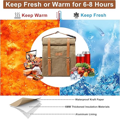 Miniatura 4 de Gormlaith Bolsa de almuerzo aislada, lonchera a prueba de fugas para mujeres y hombres, bolsa de papel marrón reutilizable lavable con correa