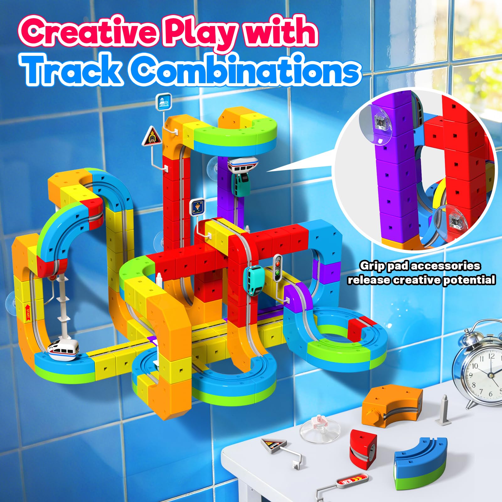 Goody King Eisenbahn Kinder Elektrisch 110 Teile - 3D Magnetbahn mit Verkehrszeichen - DIY Cube Track & Enthält Züge - Kreatives Konstruktionsspielzeug Geschenk für Kinder ab 4-12 Jahren
