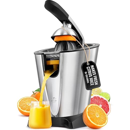 Zulay Electric Citrus Juicer - Makes Fresh Orange, Lemon, Grapefruit, Lime Juice - Stainless Steel, 160W Powerful & Quiet, Interchangeable Cones -Filters Out Seeds & Pulp- Dishwasher Safe Parts- Black
