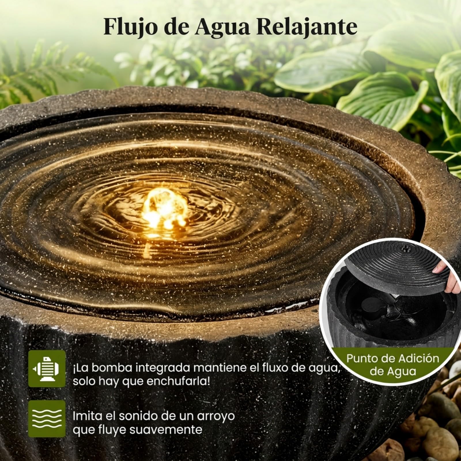 COSTWAY Fuente de Agua Decorativa, Fuente Jardín Exterior Redonda de Resina con Iluminación LED, Flujo de Agua Ajustable y Bomba, para Jardín, Patio, Terraza, Porche, 45 x 23,5 cm