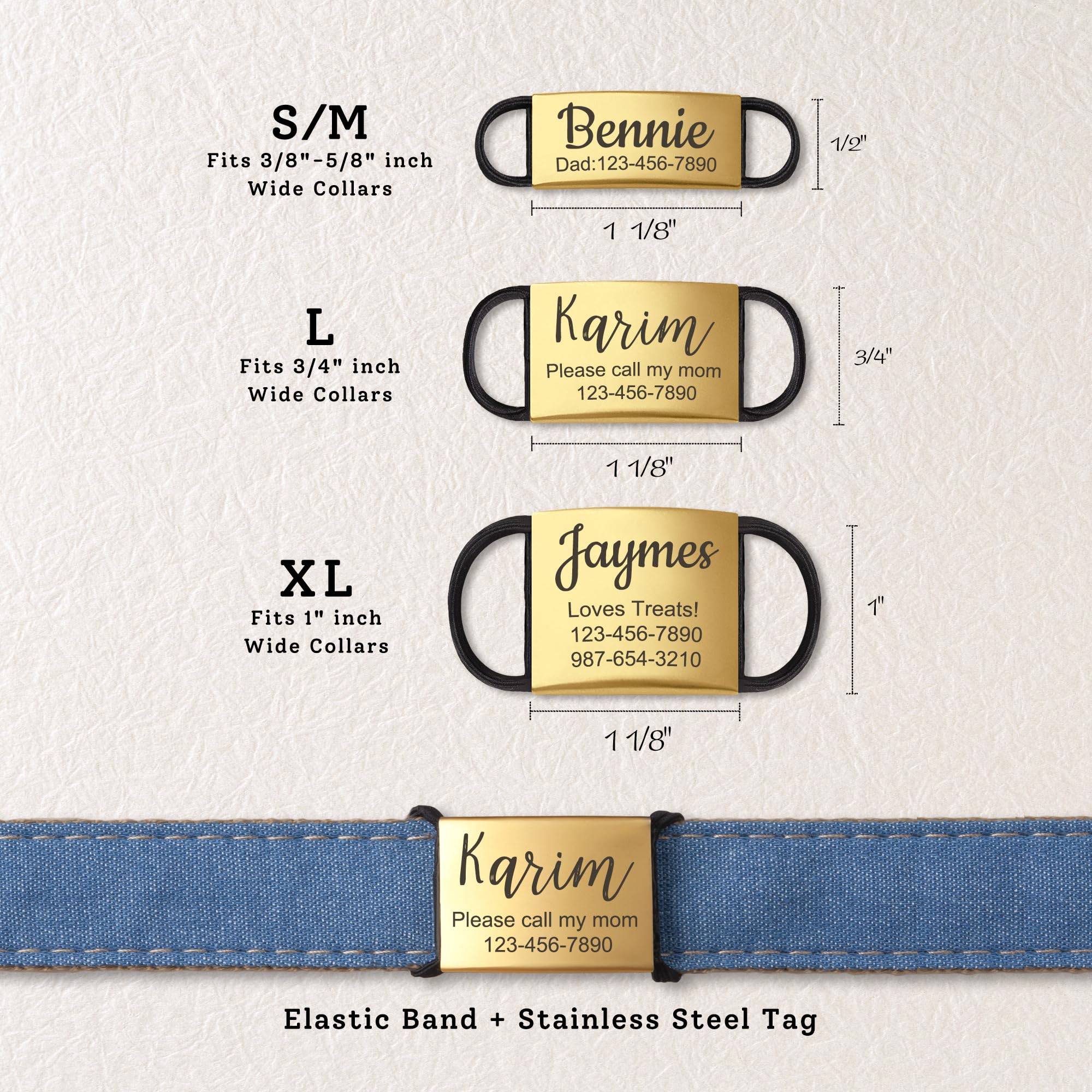 Anavia Slide On Silent Pet ID Tags, S/M/L/XL Personalized Stainless Steel Cat Dog Tag with Elastic Fabric Band, Engraved Nameplate Quiet Chew-Proof Pet Collar Tag (Black, Large)