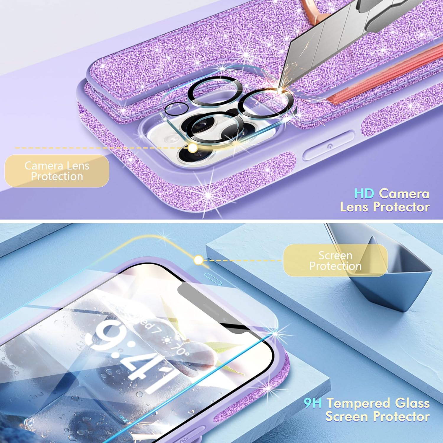 for iPhone 12 Pro Max Case Wallet with [Glass Screen Protector+ Camera Lens Protector] [5 Card Holder & 360°Ring Stand] Cute Bling Flip PU Leather Card Slots Phone Case for Women Girls,Purple