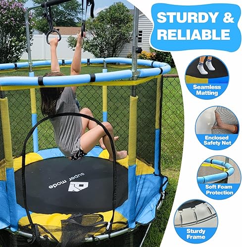 Miniatura 3 de Trampolín de 55 pulgadas para interiores y exteriores para niños con recinto, trampolín para niños pequeños con barra de gimnasia ajustable y Azul
