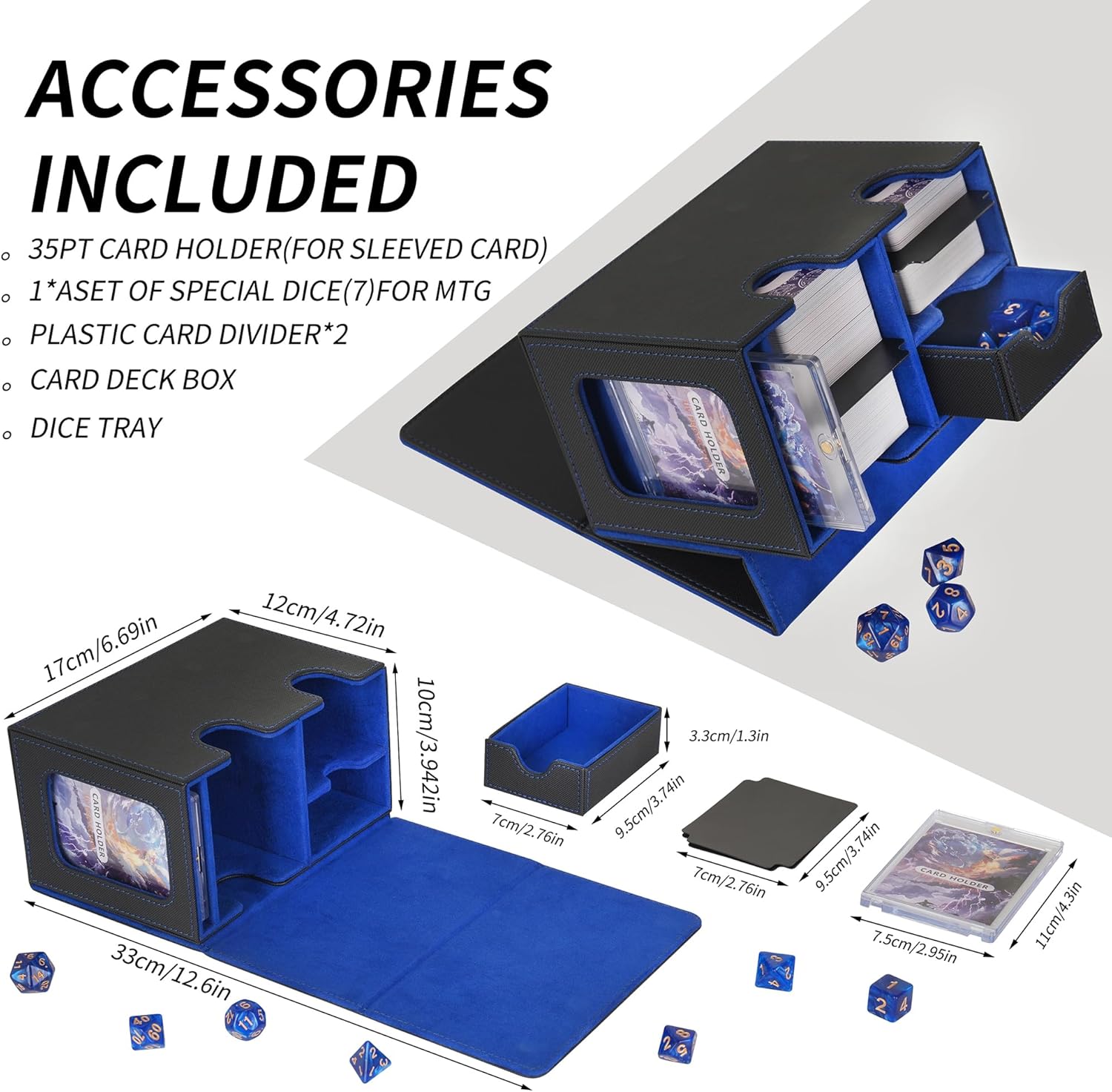 Trading Card Deck Case for MTG Commander Display Fits 400+ Card Storage 3 IN 1 Card Deck Box for MTG TCG Sports Card 35pt Card Brick 7 Dice & Dice Tray