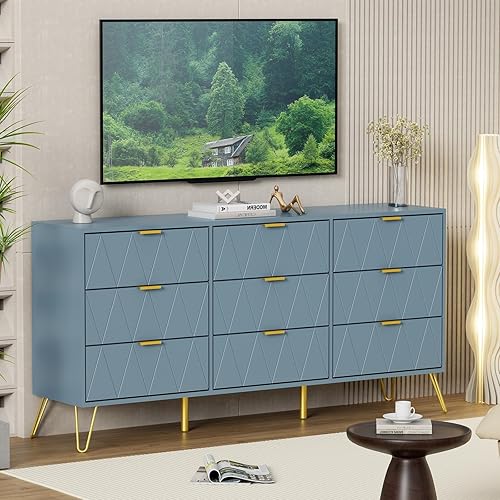 UEV 9 Drawer Dresser, Storage Dresser with Wide Drawers and Metal Handles,Wood Storage Chest of Drawers for Living Room,Bedroom,Entryway,Hallway (Blue) - Blue - 13.4"D x 58.9"W x 29.1"H (9 Drawers)