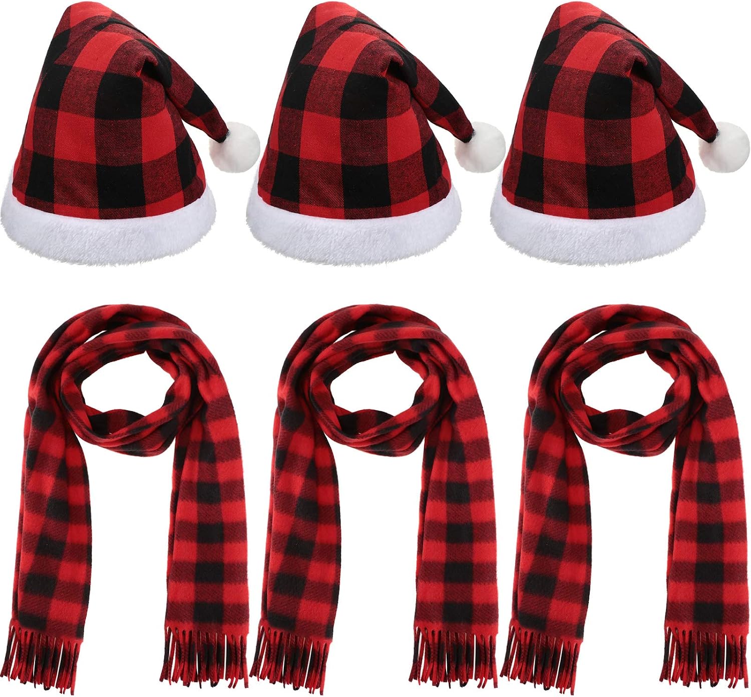 Sintege 3 Pieces Christmas Plaid Santa Hat and 3 Pieces Plaid Scarfs for Christmas New Year Festival Holiday Party
