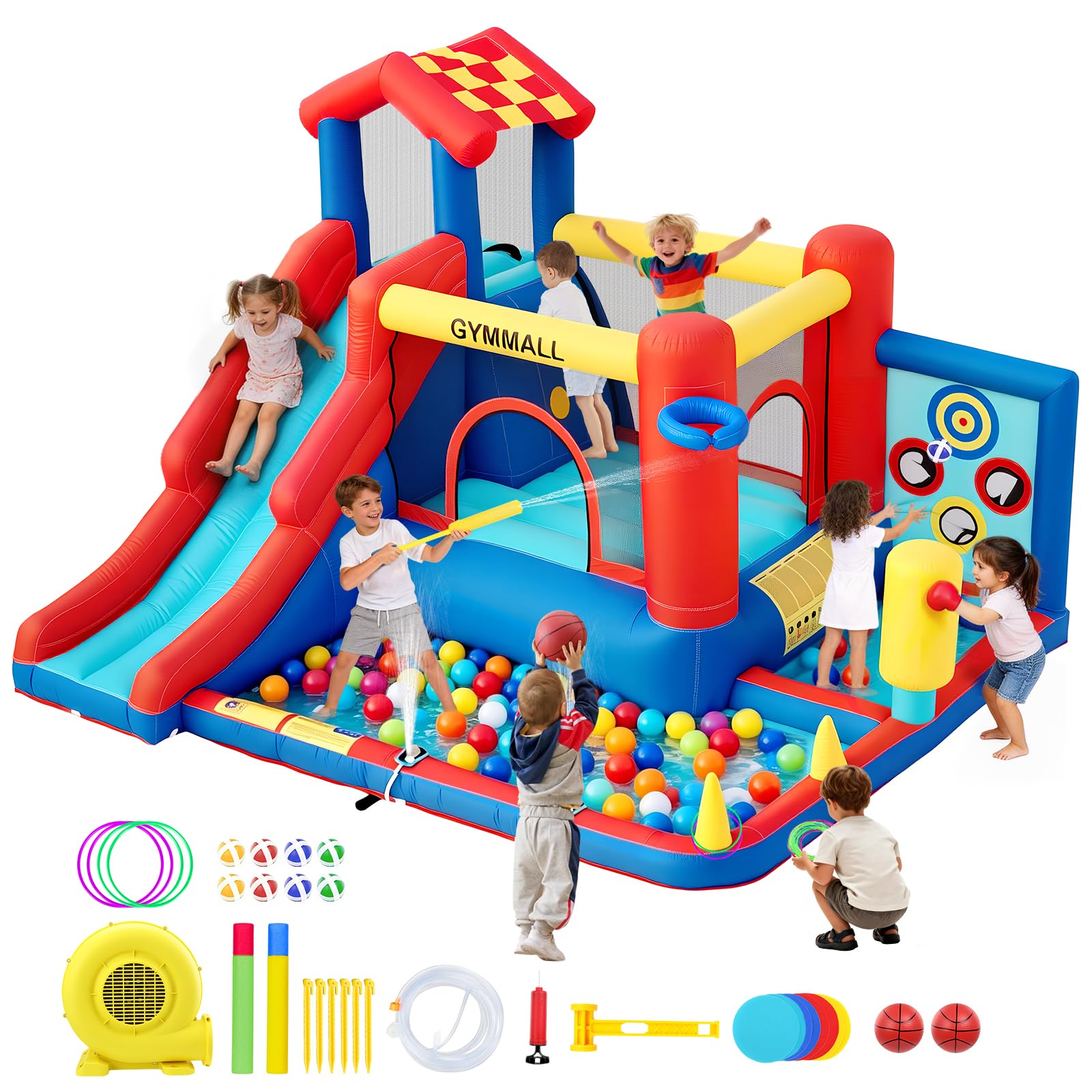 Castello Gonfiabile per Bambini – Gioco Multifunzione 8 in 1 con Scivolo, Parete da Arrampicata, Trampolino e Ventilatore 370W, Ideale per Uso Interno ed Esterno