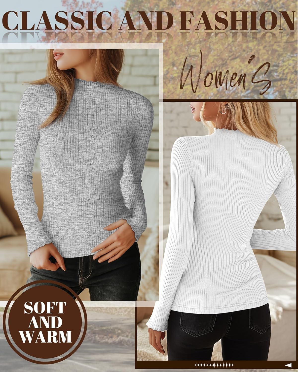 Neer 4 Pack Women's Mock Turtleneck Tops Cotton Long Sleeve Ribbed Lettuce Trim Shirts Slim Fit Casual Fall Basic Tees - Image 4