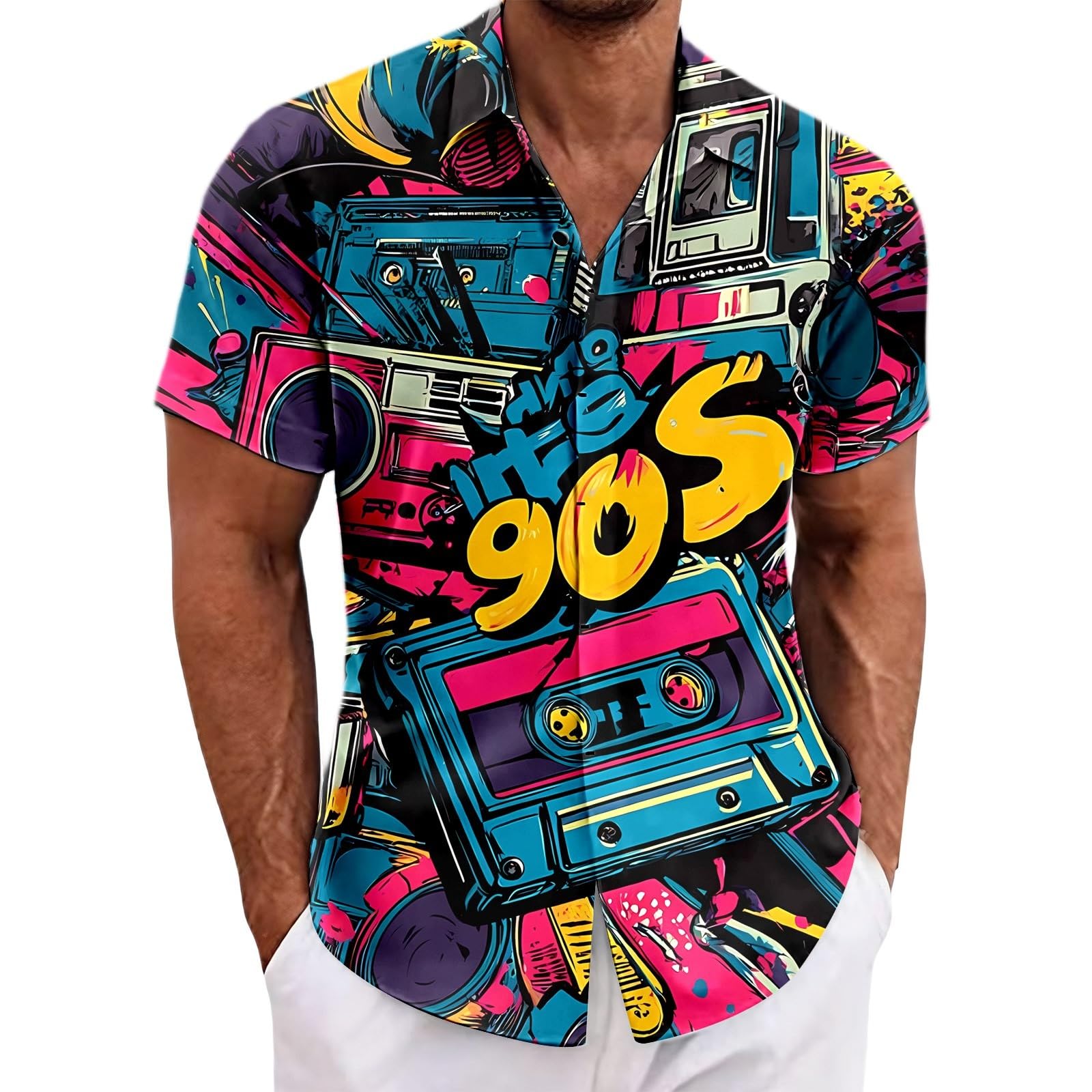 Hawaiihemd Herren Vintage 80er 90er Jahre Hemd LäSsiges Kurzarm Bunt Retro Hemden Männer Disco Party Outfit Neon Geometrisch Bad Taste Bluse Oberteile Regular Fit Faschingskostüm