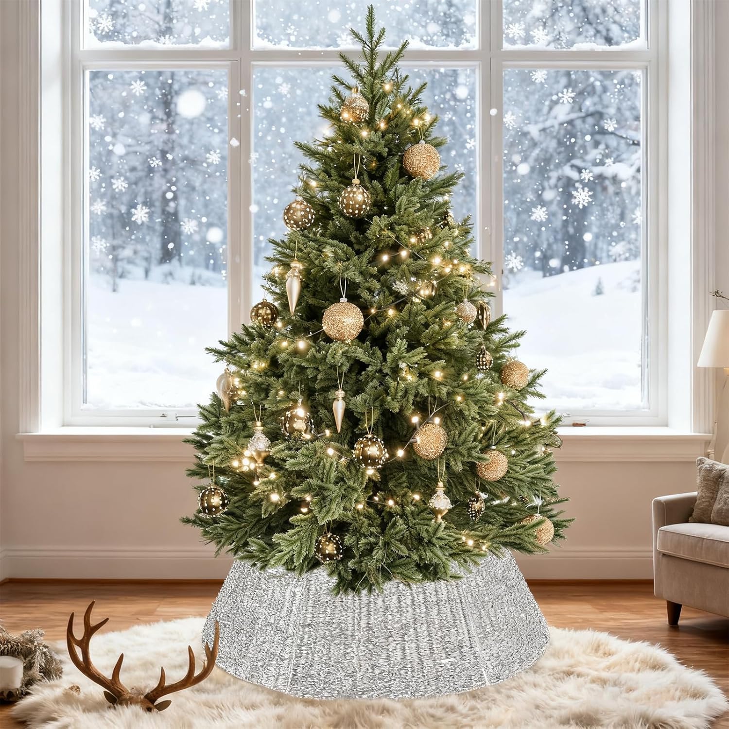 ELYKEN Silver Christmas Tree Collar, 33 Inch Large Woven Xmas Tree Skirt for Artificial Trees, Stylish Tree Basket for Tree Base Cover with Cord Cut-Out for Pencil Silm Trees Xmas Holiday Decor