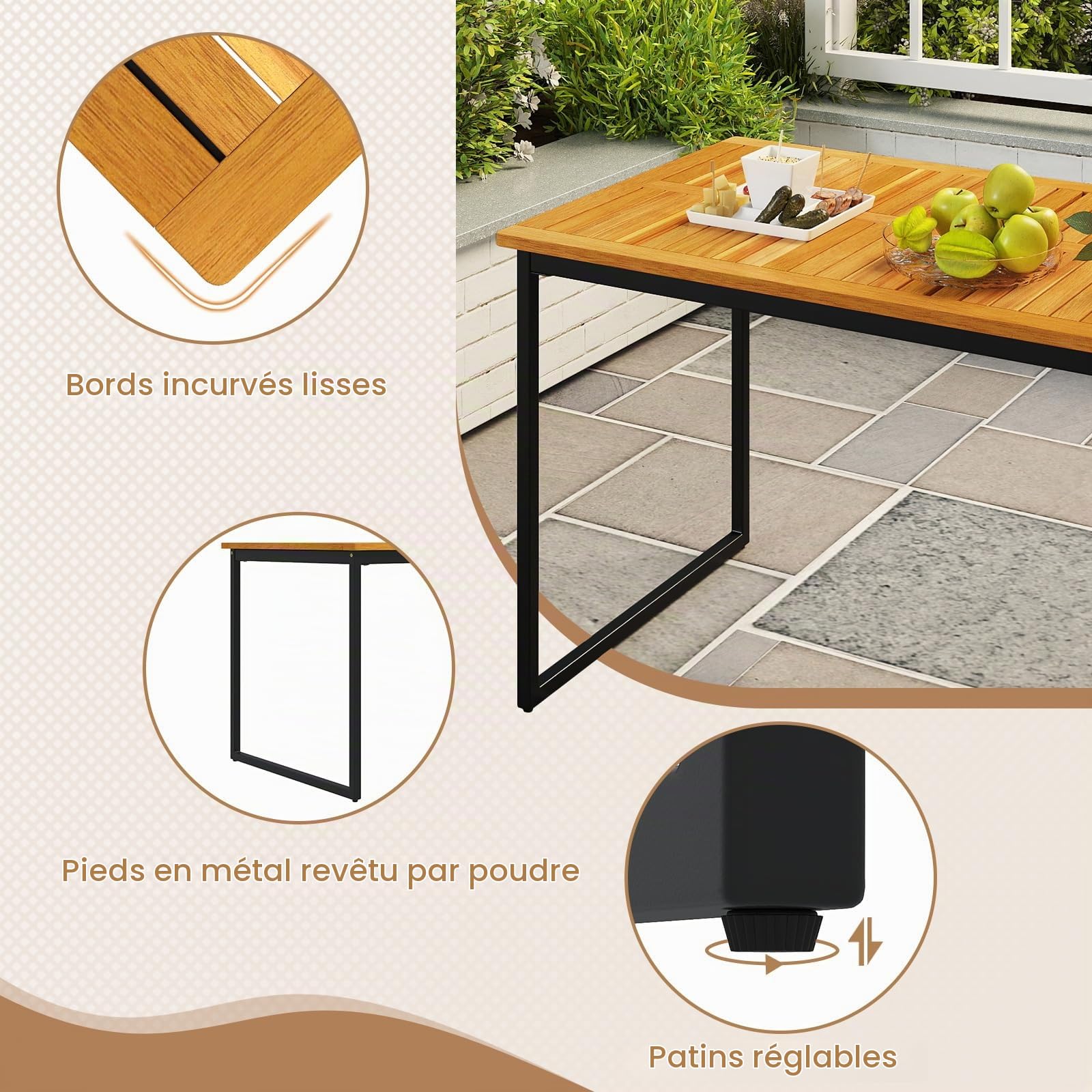KOMFOTTEU Table à Manger de Jardin avec Trou pour Parasol, Table à Manger en Bois d'acacia pour 6 Personnes, 140 x 70 x 73 cm, Extérieur & Intérieur, Tables de Cour avec Jambes en Métal
