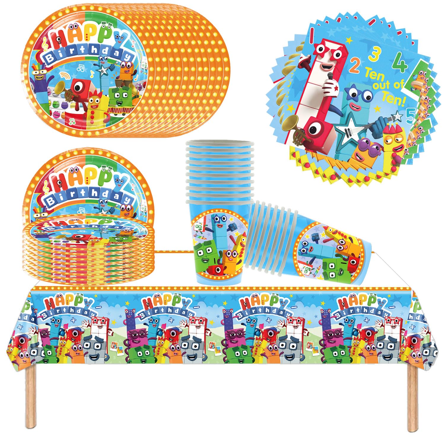 Set di stoviglie per bambini Digital Blocks, Cartoon Blocks Party, comprensivo di tazze, tovaglioli, piatti, tovaglia, adatto per feste di compleanno per bambini, anniversari, per 20 persone!