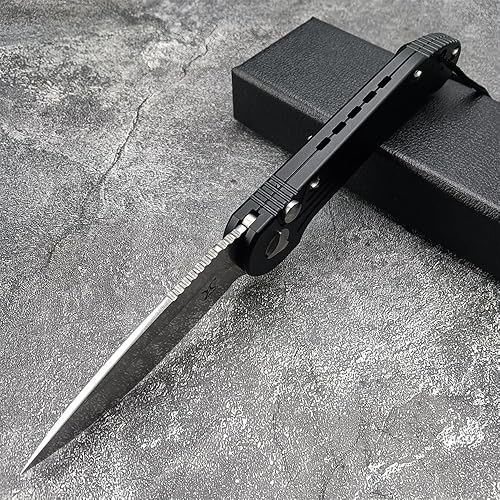 Miniatura 6 de HUAAO Cuchillo de bolsillo de apertura asistida de 8 pulgadas, cuchillo plegable con bloqueo de botón, hoja lavada a la piedra, asas de aluminio de