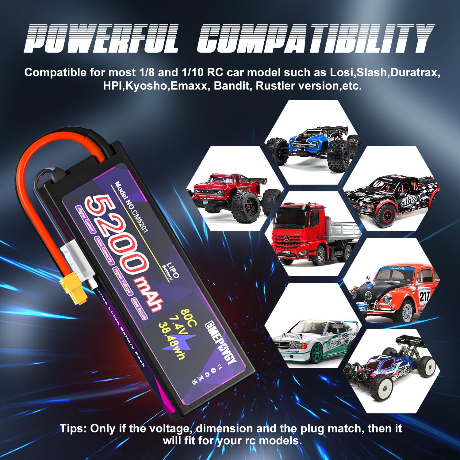 Batteria Lipo da 7,4 V 2S 5200 mAh 80C Lipos custodia rigida con connettore XT60 per auto RC camion 1/8 1/10 RC veicoli (2 confezioni)