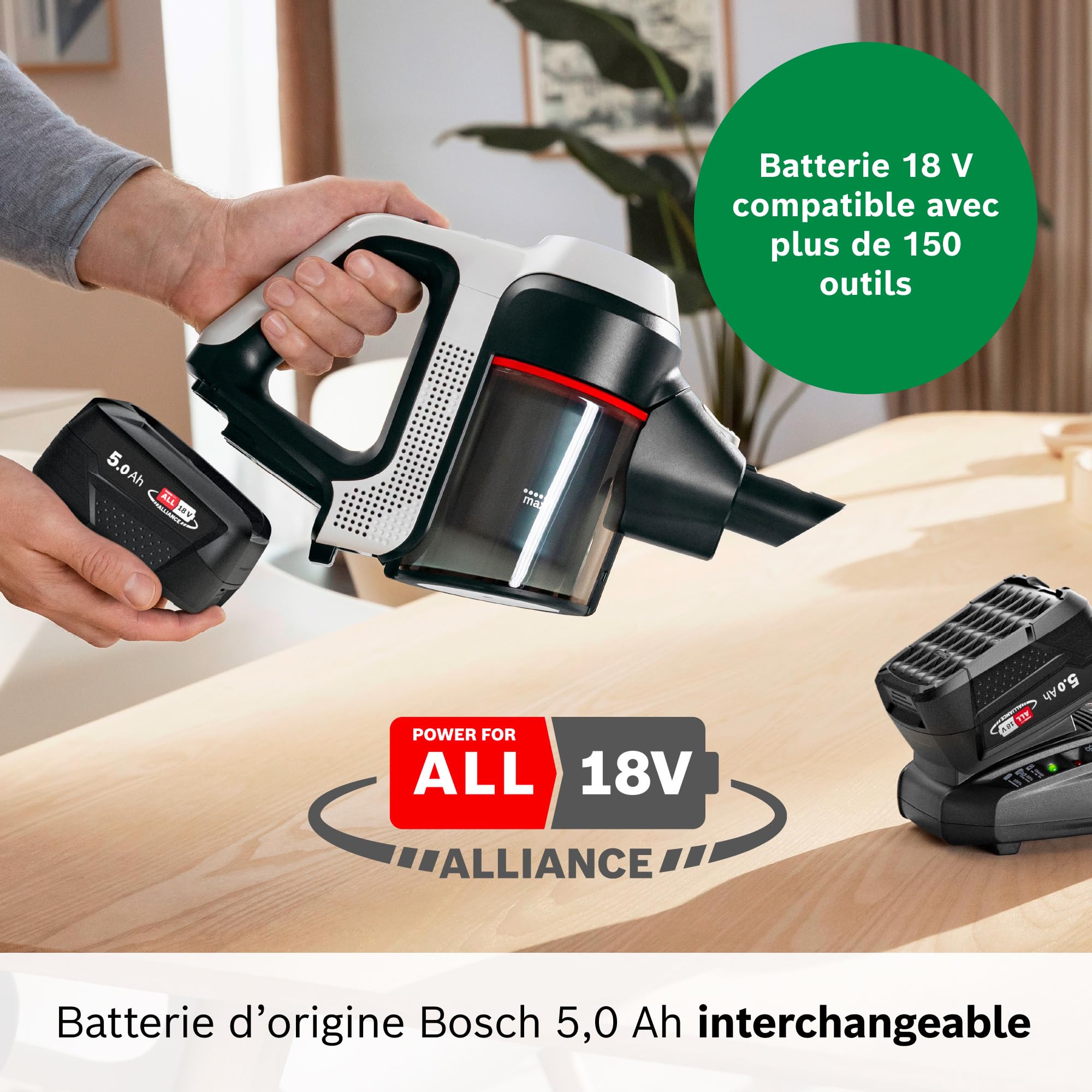 Bosch Batterie 5,0 Ah, 18 V, Interchangeable, Compatible avec Plus de 150 Outils 18 V, Power for All Alliance, pour aspirateurs Unlimited 6 7 8 9 10, BHZUB1850