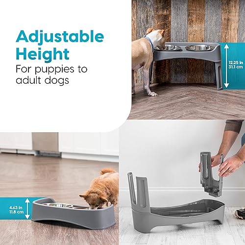 Miniatura 5 de IRIS USA Adjustable Elevated Dog Bowls, Raised Feeder with 2 Stainless Steel 64 oz Bowls, Spill-Guard Rim, 12.25" or 4.63" Heights, Durable Plastic
