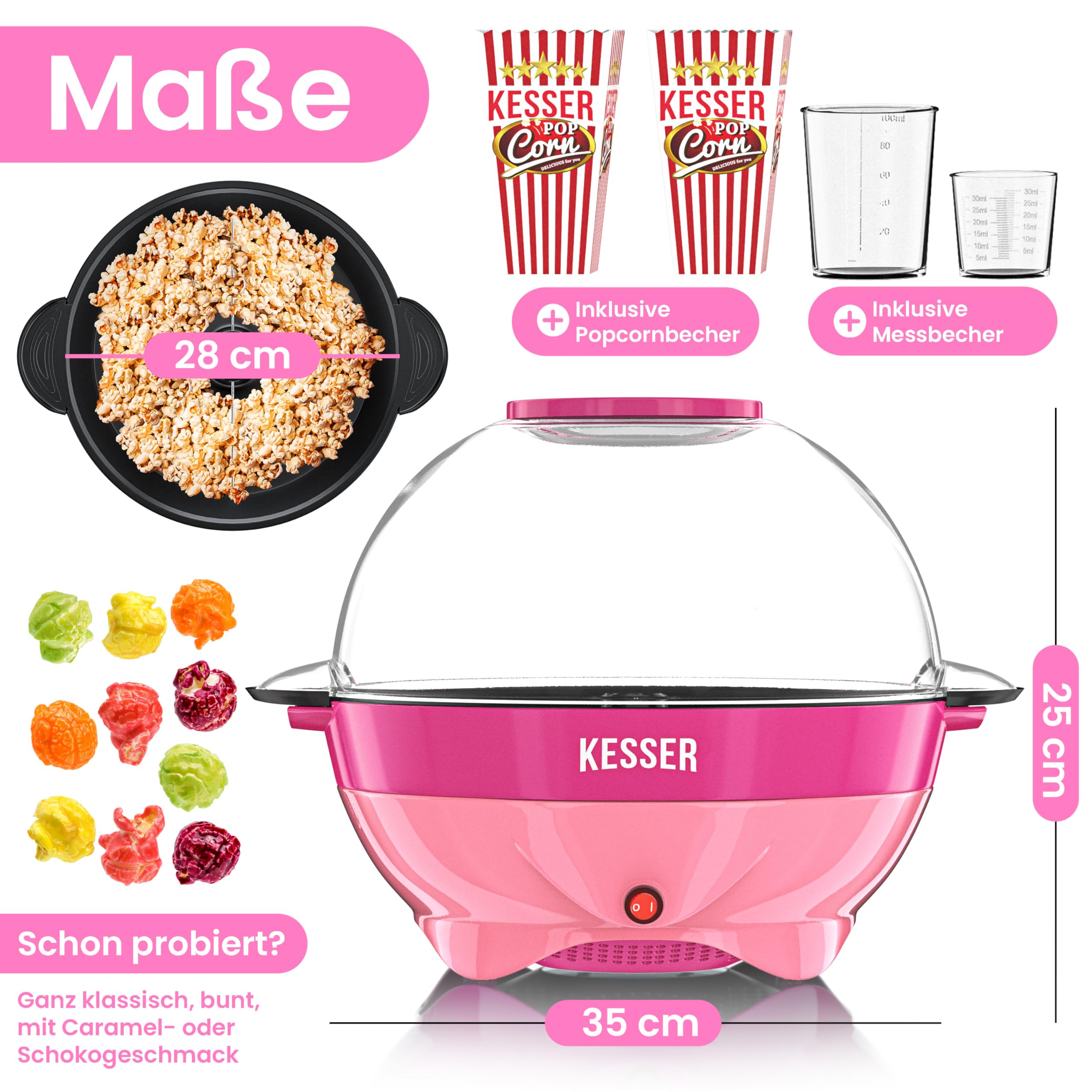 KESSER® Macchina Popcorn 800W | Popcorn Maker 5,5l con coperchio con rivestimento antiaderente e ciotola di servizio | incl. superficie di riscaldamento rimovibile e tazza per popcorn, 26849_mfn