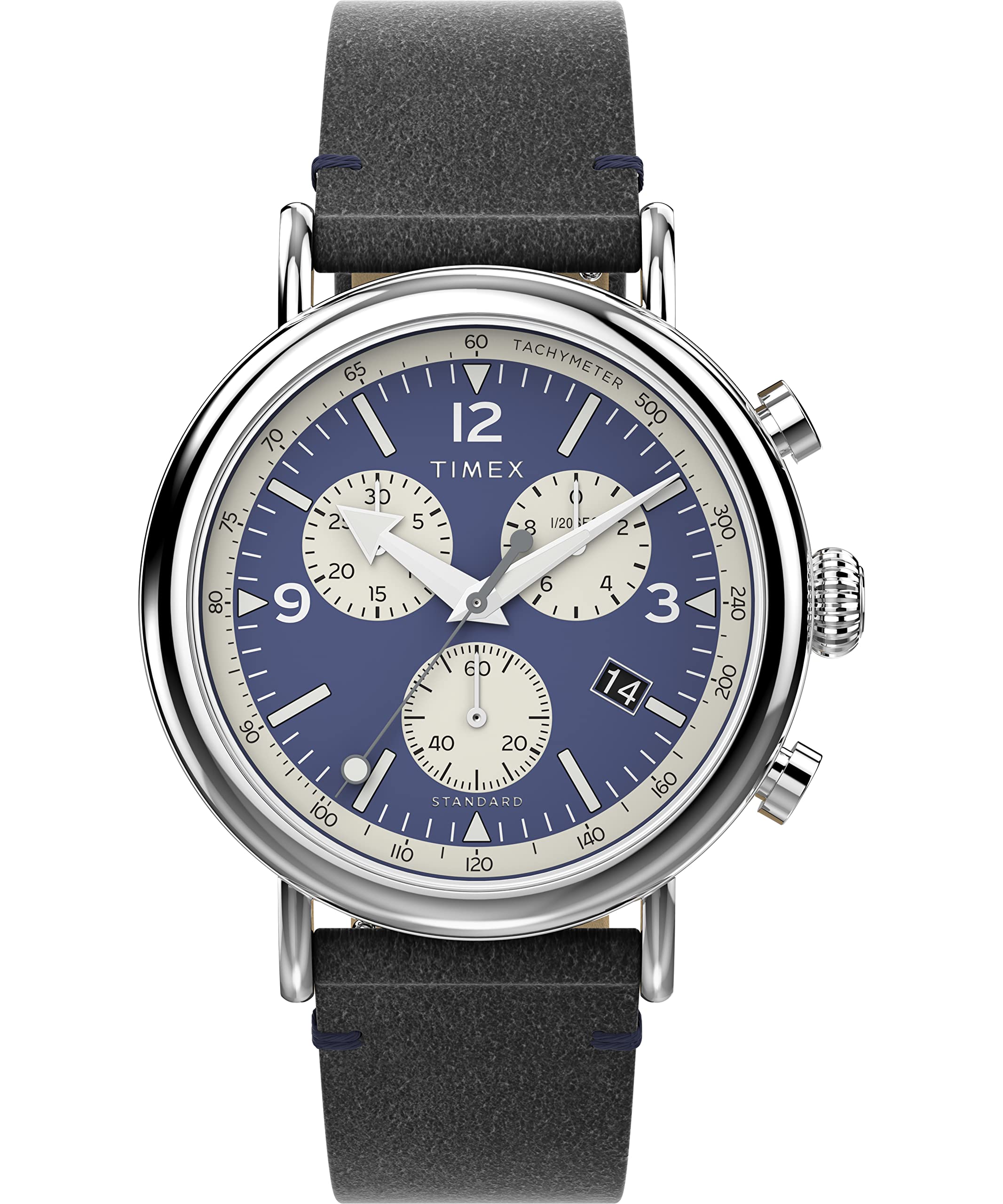 Mens Wristwatch TIMEX STANDARD TW2V71100 Chrono Leather Black Blue INDIGLO