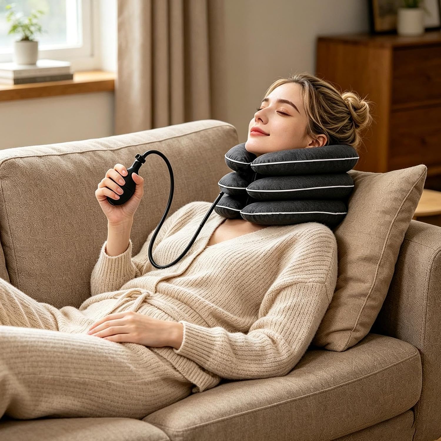 Neck Traction Device, Inflatable Support Brace, Adjustable Cervical Stretcher, Comfort Collar, Home Workplace Rest Long Drive Travel Post Exercise Bedtime Recovery Figure Support Use 21x5x28cm