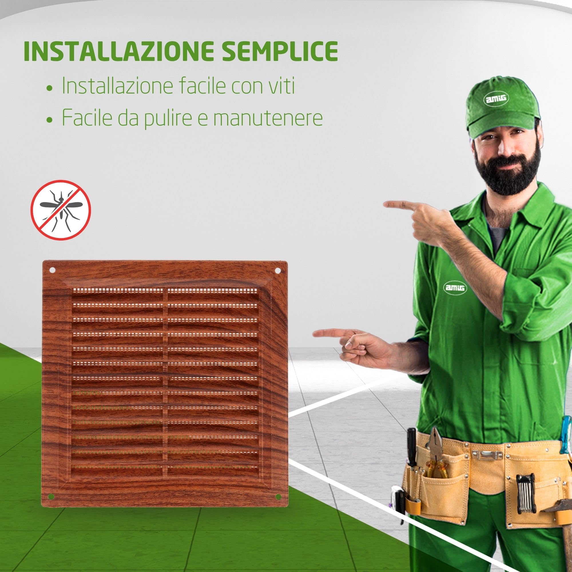 Amig - Set di 6 griglie di ventilazione quadrate in plastica con zanzariera - Per cucina e bagno - 200x200 mm - Sapelli