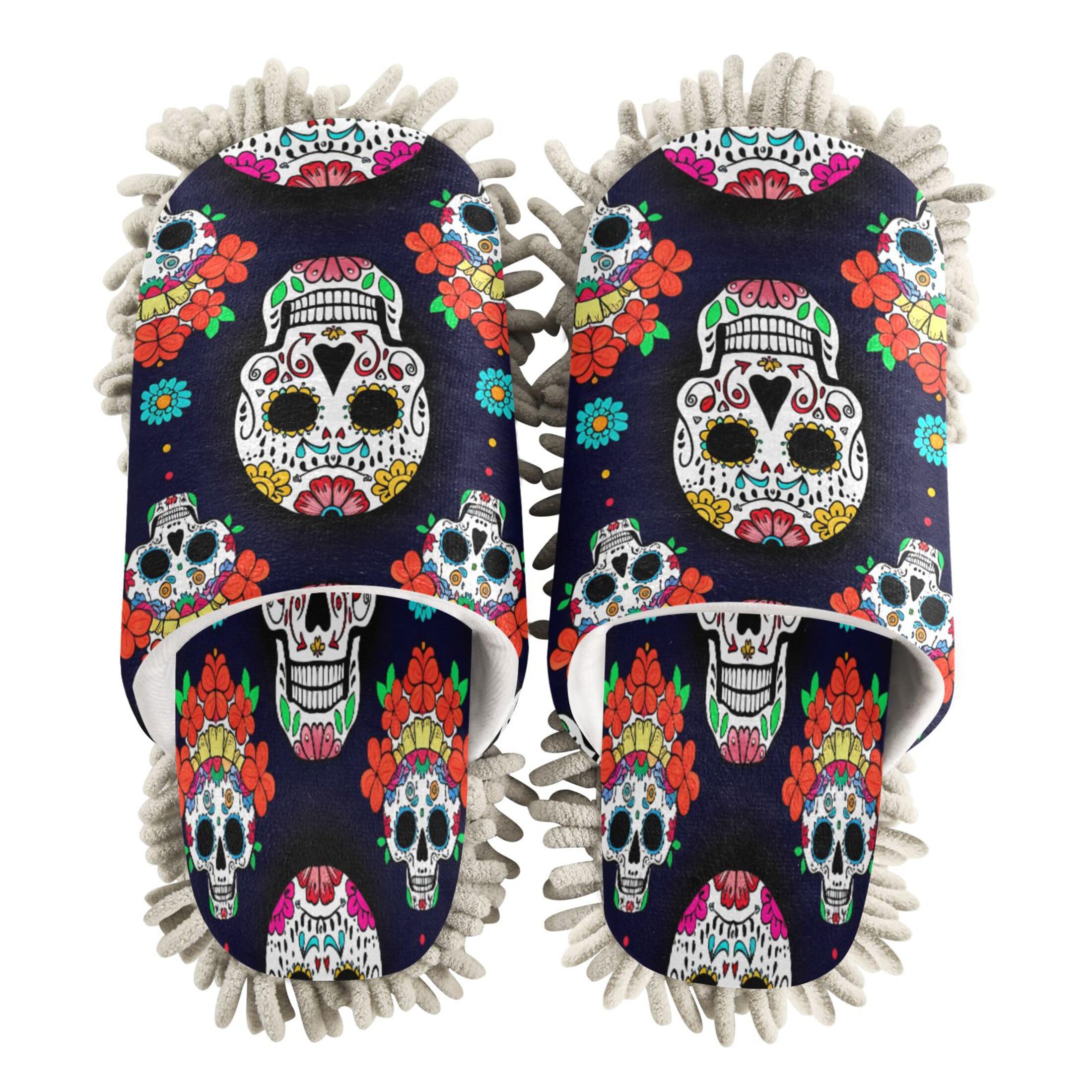 Kigai Colorful Skulls Mop Slippers for Floor Cleaning, Slippers for Women Men, Microfiber Floor Cleaning, M