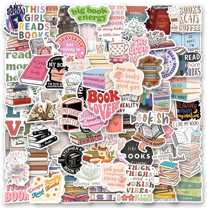 Amazon preveiw of the stickers. It is a stack of all the different book theme stickers, each saying different phrases and having different book designs.