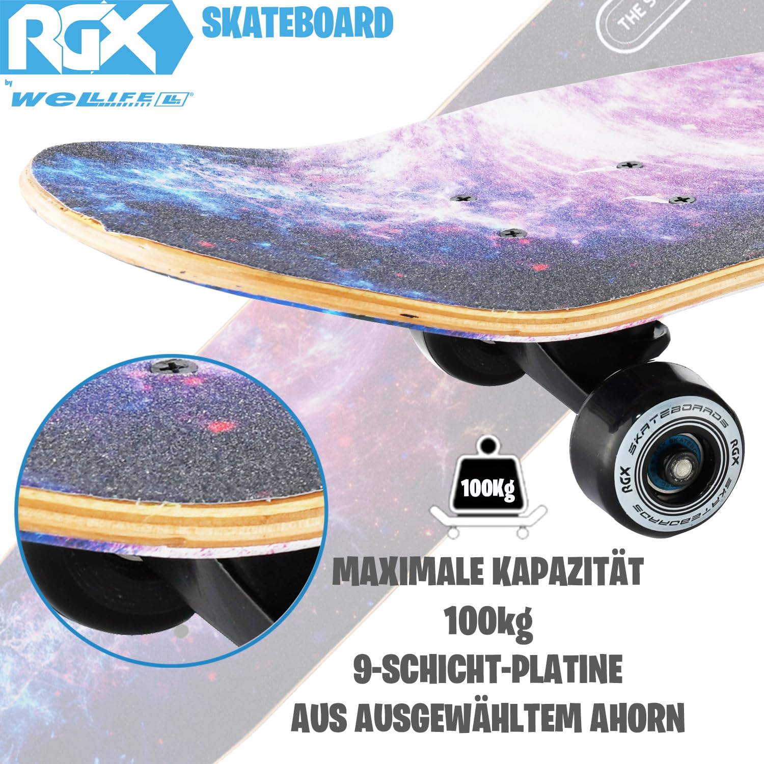 WeLLIFE Skateboard für Anfänger, 80x20cm Holz Skateboard Kinder, Jugendliche Erwachsene,ABEC-9 Kugellager, 9 Schichten Ahorn Double Kick Skate Concave Trick