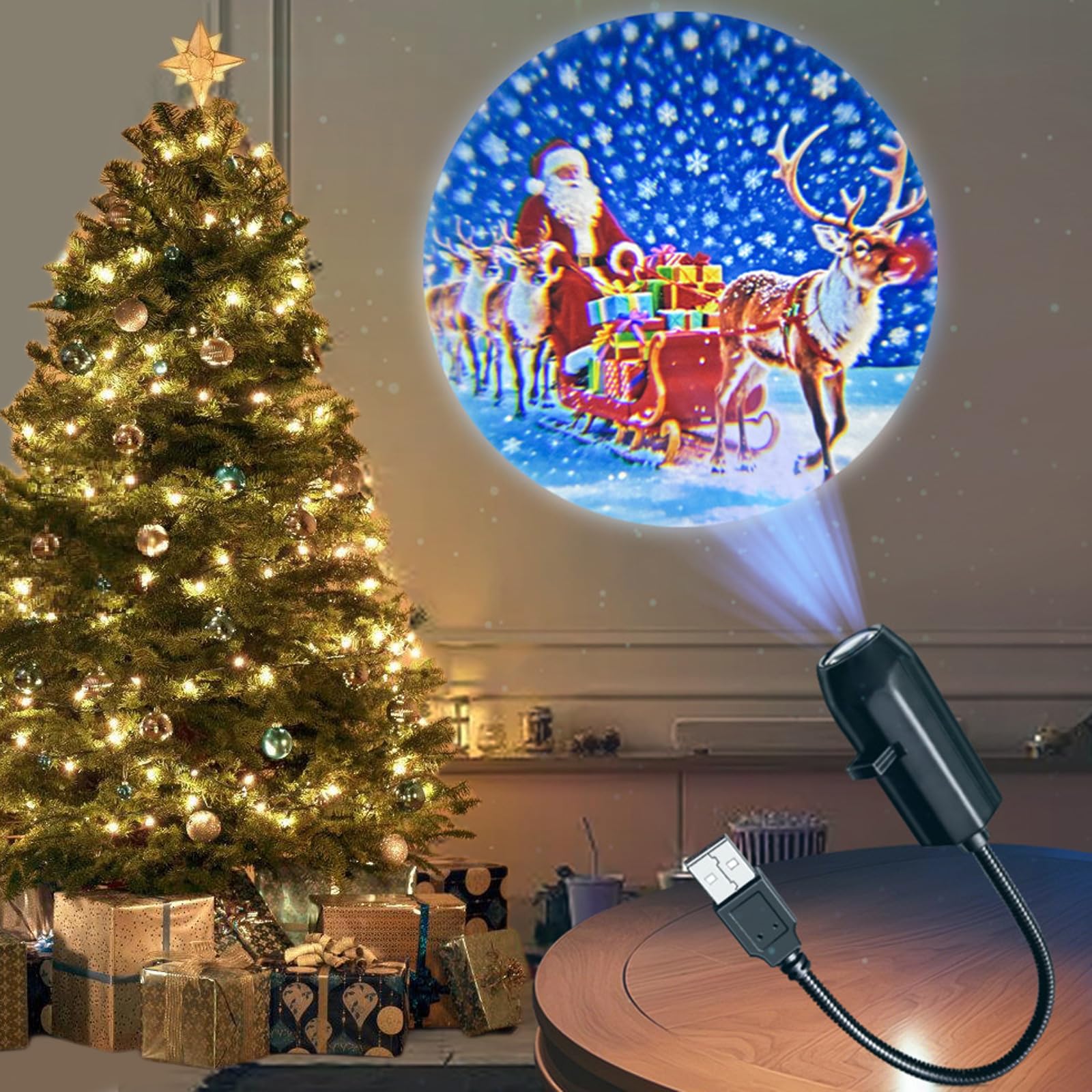 Projecteur de décoration de Noël alimenté par USB avec 4 diapositives à thème angles réglables pour la maison ou les fêtes
