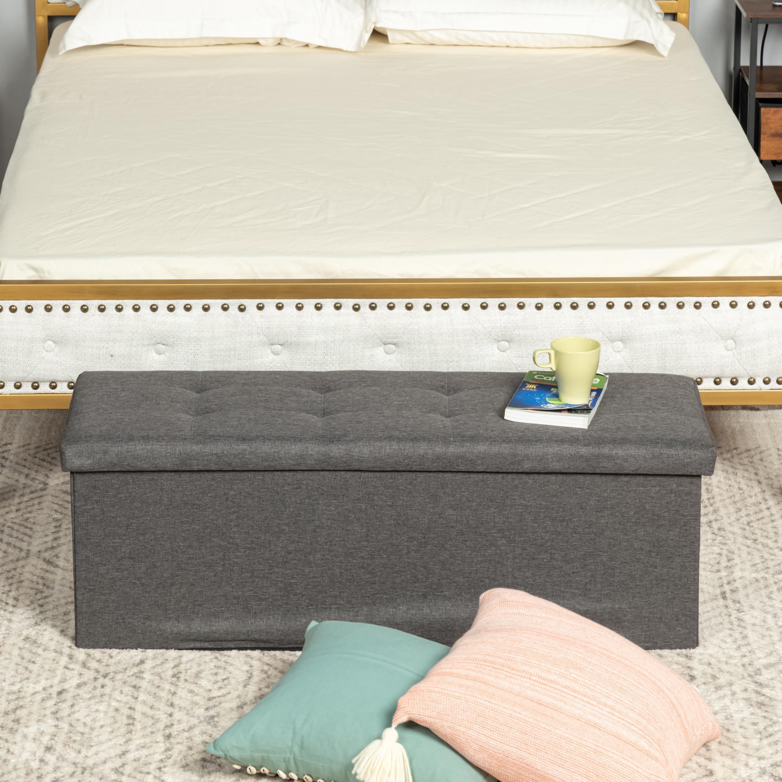 FurnitureR Bänke mit Bettvorderseite, Ottoman aus Stoff, Aufbewahrungsbank, Aufbewahrungsbox innen mit abnehmbarem Fach, für Wohnzimmer, Schlafzimmer, Eingangsbereich, Dunkelgrau, 110 x 38 x 38 cm