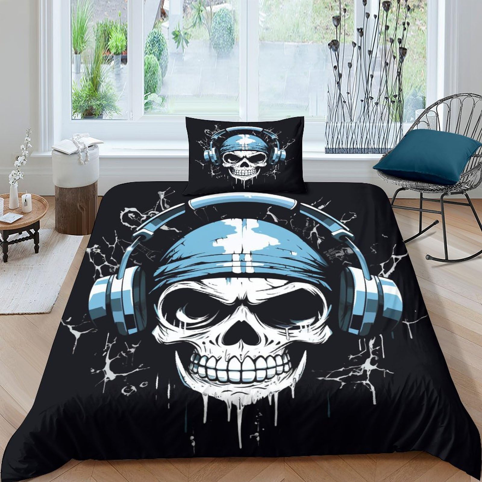 ENYISIYULO DJ Skeleton Duvet Cover 3 PCS Hotel Quality Quilt Cover Bedding Bed Covers with Pillowcases with Zipper Closure Ultra Soft Anti Allergic Microfiber Single（135x200cm）