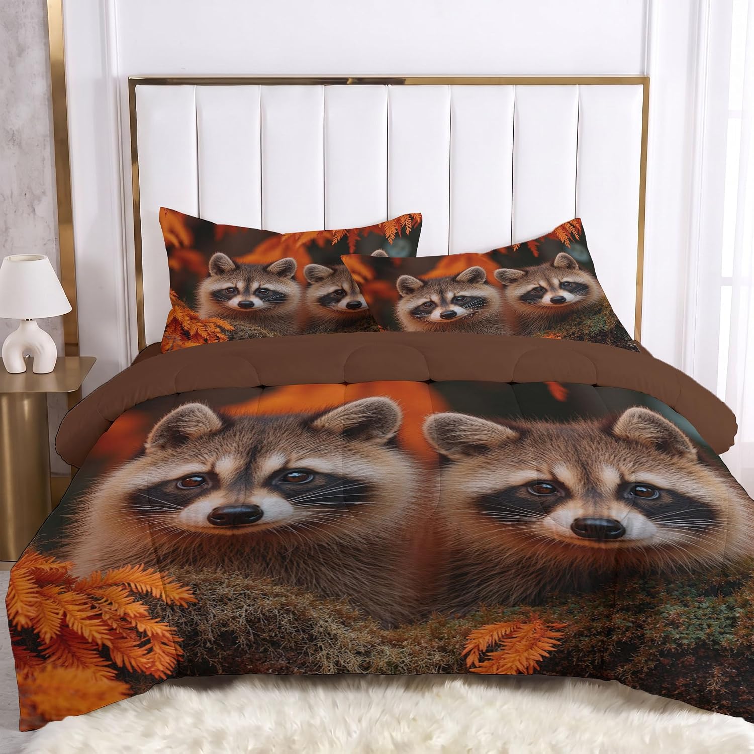 Autumn Scenery Quilt Set Queen 3 Pieces, Caramel Brown Quilts Bedding Set Cute Raccoon Bedspread Bed Cover Lightweight Spring Summer Beds Coverlet for All Season - 90"X90"