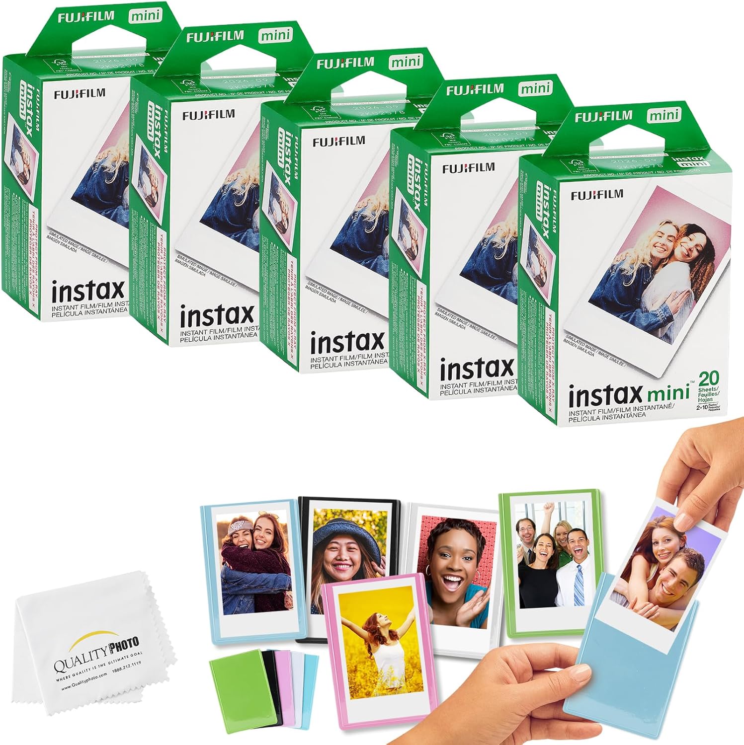 Fujifilm Mini Instax Films + Colored Magnet Photo Frames + Quality Photo Microfiber Cloth (100 Prints)
