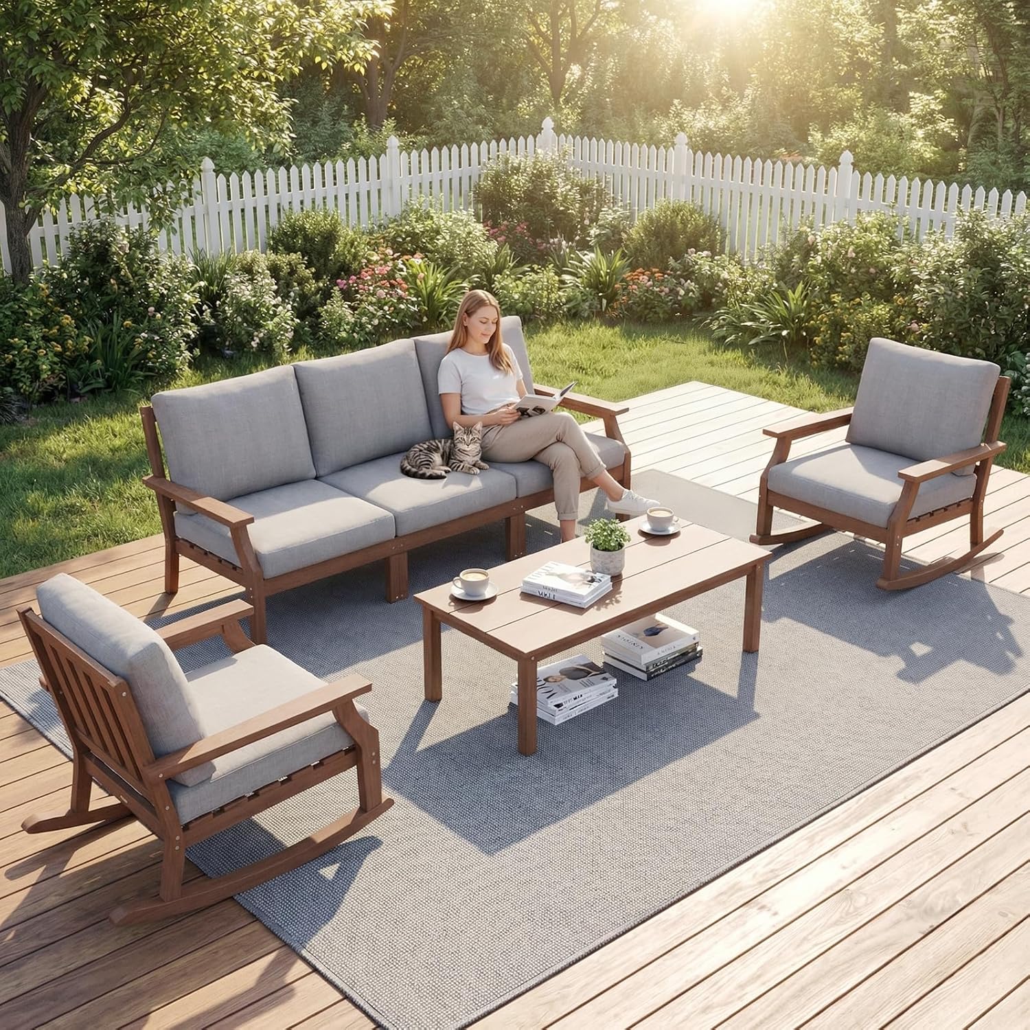 HDPE Patio Conversation Set, 6-Piece All Weather Outdoor Furniture Set with 2 Single Rocking Armchairs for Deck, Lawn, with Cushion, Brown